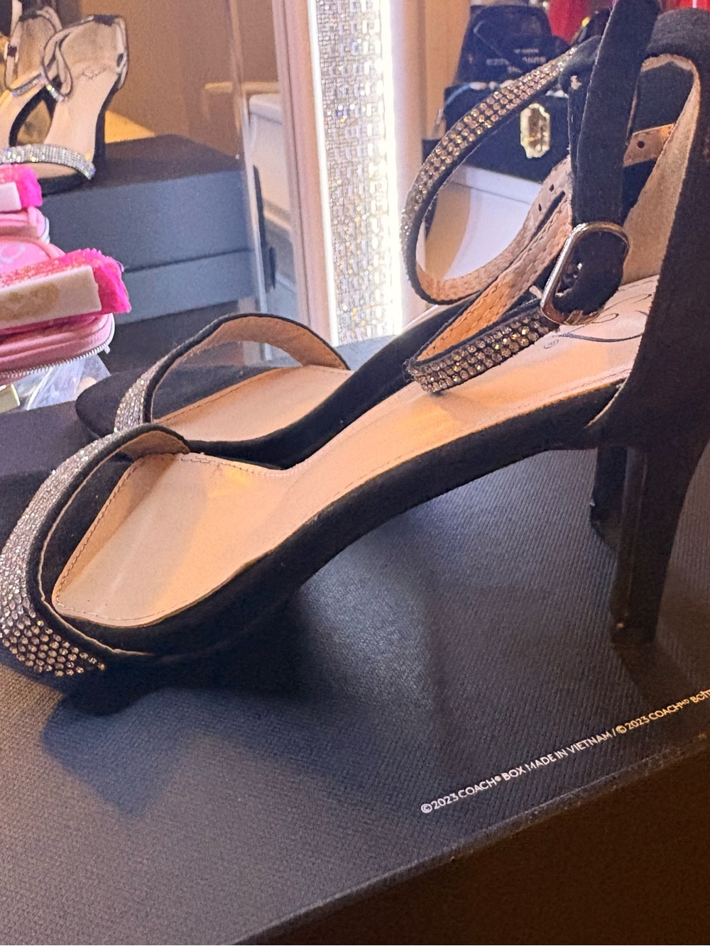 Charlotte Russe Black Suede Heels with Rhinestone Straps